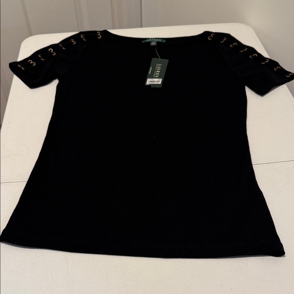 NWT Lauren Ralph Lauren Black Short Sleeve Cotton Crewneck Rope Tie Sleeves. M - Picture 2 of 7
